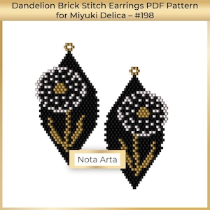 May include: A pair of black and gold beaded earrings featuring a dandelion design. The earrings are made with Miyuki Delica beads and are brick stitched. The pattern is available as a PDF download.