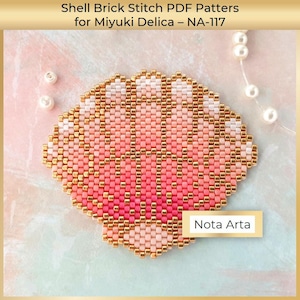May include: A pink and gold beaded shell, created using the brick stitch technique. The shell is made with Miyuki Delica beads and is part of a PDF pattern set called "Nota Arta - NA-117".