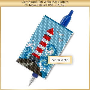 May include: A blue pen with a beaded wrap featuring a lighthouse design. The lighthouse is red and white, set against a blue sea and sky. The text "Nota Arta" is visible on the wrap. The pen is blue.