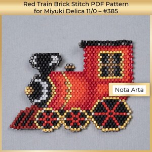 May include: Red train bead pattern for brick stitch using Miyuki Delica 11/0 beads. The pattern includes a red train with black wheels and gold accents. The pattern is titled "Red Train Brick Stitch PDF Pattern for Miyuki Delica 11/0 - #385" and "Nota Arta".