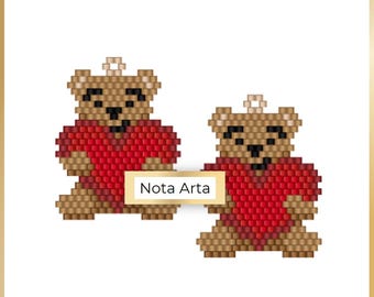 Ursinho de pelúcia com miçangas e ponto de tijolo em forma de coração para o Dia dos Namorados em PDF para Miyuki delica 11/0, #366