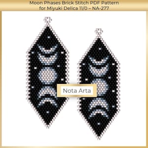 May include: A pair of black and silver earrings featuring a moon phase design. The earrings are crafted using Miyuki Delica beads and are brick stitched. The pattern is called "Moon Phases" and is by Nota Arta.