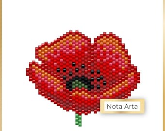 Padrão em PDF para bordado em ponto tijolo de flor de papoula com miçangas para agulha Miyuki Delica 11/0, nº 42.