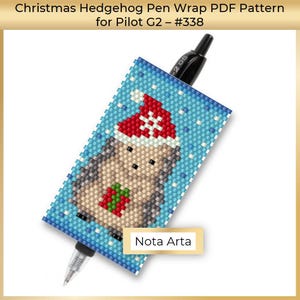 May include: A PDF pattern for a Christmas hedgehog pen wrap for a Pilot G2 pen. The pattern features a hedgehog wearing a red Santa hat with a white snowflake on it. The hedgehog is holding a green and red gift. The background is blue with white snowflakes.