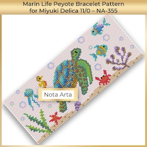May include: A beaded bracelet pattern with a marine life theme. The design features a sea turtle, fish, jellyfish, coral, and starfish. The pattern is for Miyuki Delica 11/0 beads. The text "Nota Arta" is visible.