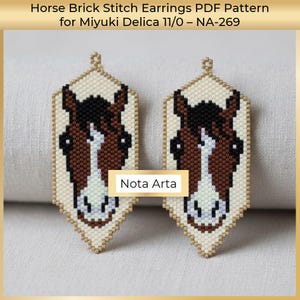 May include: Two beaded earrings with a horse head design. The earrings are in a brick stitch pattern, featuring a cream background with a brown and black horse head. The text "Nota Arta" is visible on the earrings.