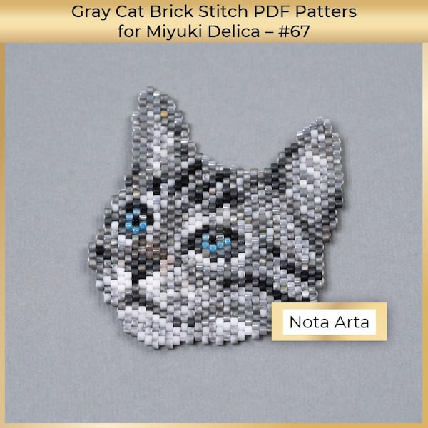 Beaded Grey Cat brick stitch PDF pattern for Miyuki delica 11/0, #67