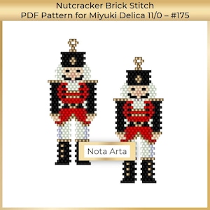 May include: A pair of beaded nutcracker earrings in red, black, white and gold. The earrings are made with Miyuki Delica beads and are designed in a brick stitch pattern. The earrings are labelled "Nota Arta".