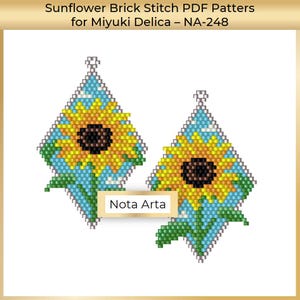 May include: A pair of beaded earrings with a sunflower design. The earrings are made with Miyuki Delica beads and are in a brick stitch pattern. The earrings are blue, yellow, green, and brown. The text "Nota Arta" is on a gold rectangle in the center of the image.