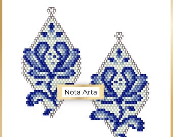 Pendientes étnicos de punto ladrillo con flores azules y cuentas Patrón floral en PDF para Miyuki delica 11/0, n.° 235