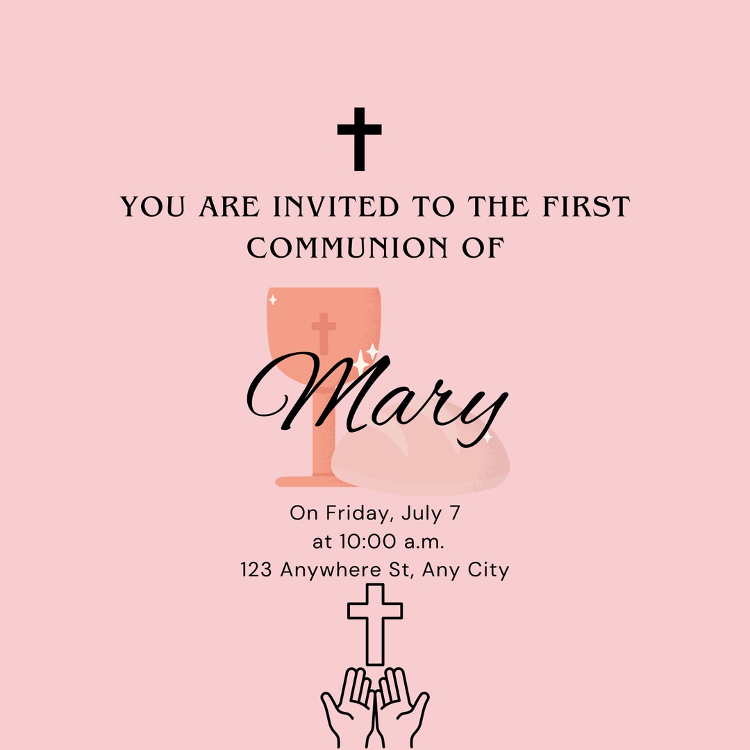 Holy Communion Invitation Editable Pink Simple Square Holy Communion