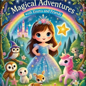 Puede incluir: Ilustración colorida con el texto «Magical Adventures with Emma and Friends». Presenta una princesa, unicornios, búhos, un castillo y un arcoíris. La princesa sostiene una varita de estrella, en un bosque mágico.