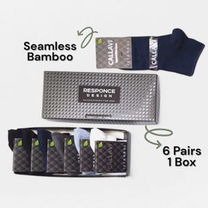 A box of seamless bamboo socks, featuring six pairs in various colors and a tag reading "Istanbul."