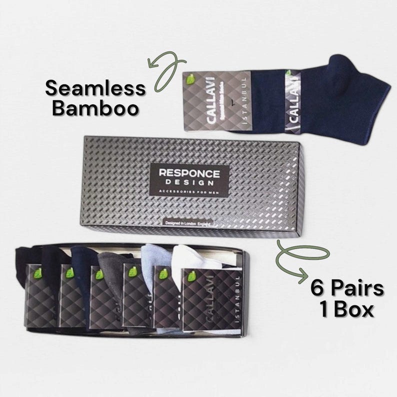 A box of seamless bamboo socks, featuring six pairs in various colors and a tag reading "Istanbul."