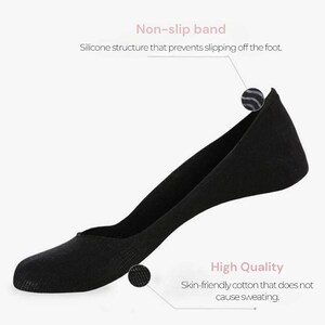 Black footed shoe with non-slip band and skin-friendly cotton material highlighted, promoting comfort and stability.