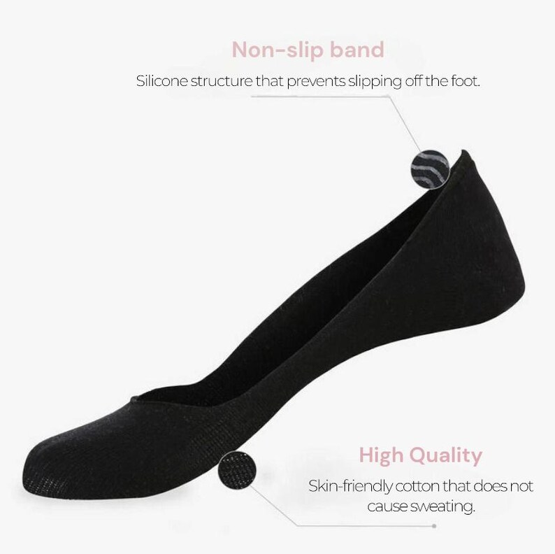 Black footed shoe with non-slip band and skin-friendly cotton material highlighted, promoting comfort and stability.
