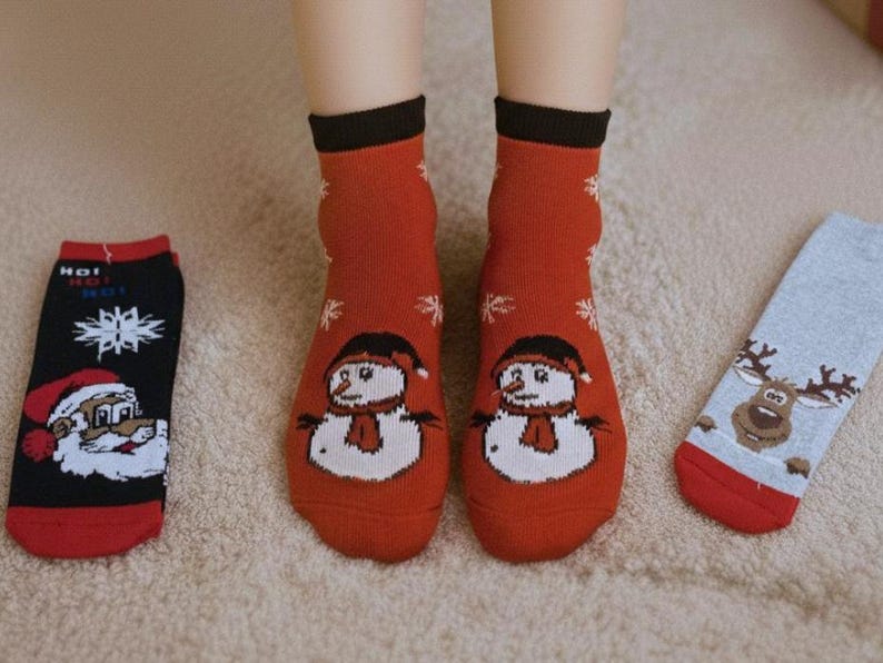 Cozy winter scene with christmas festive socks featuring snowmen on womans feet, Santa, and a reindeer patterns laying next to it on the carpet.