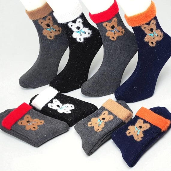 Wool Socks for Women, Cuffed Fluffy Socks, Plush and Cozy Texture with Teddy Bears