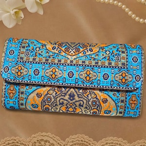 Cartera de mano bohemia para mujer con estampado de alfombra persa, bolso de mano étnico colorido con tapiz, bolso de noche oriental azul hecho a mano, regalo para mujer.