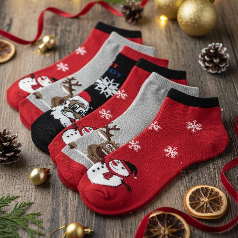 Festive Christmas ankle socks featuring snowman, reindeer, and Santa designs on a wooden table with holiday decorations like pine cones, gold ornaments, dried orange slices, and red ribbon
