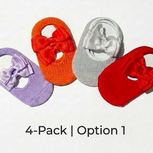 4-pack option 1 of ballerina socks, presented on a white background. Colors include purple, orange, gray, and red.