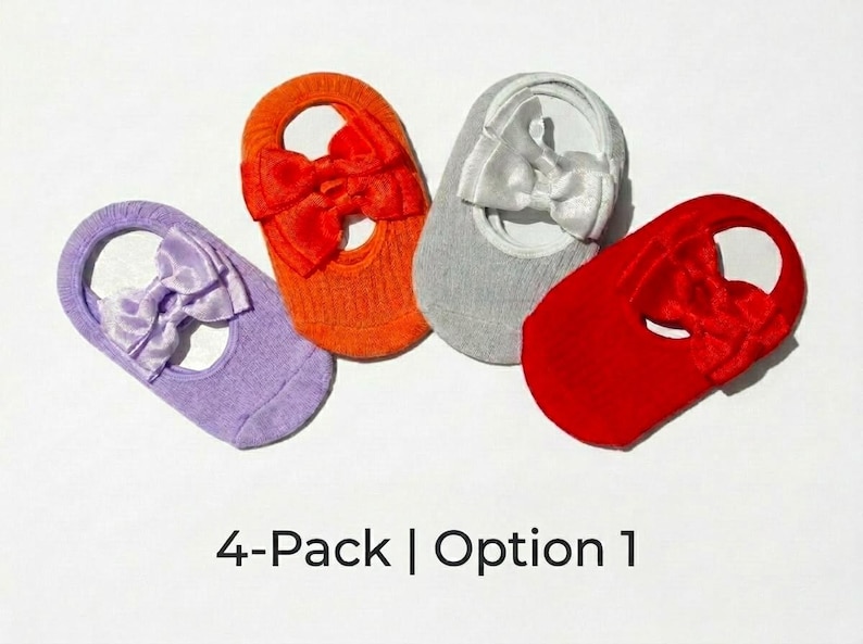 4-pack option 1 of ballerina socks, presented on a white background. Colors include purple, orange, gray, and red.