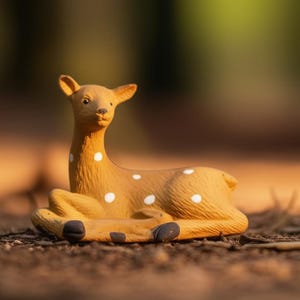 May include: A ceramic figurine of a deer in a resting pose. The deer is tan with white spots and black hooves. The figurine is set against a blurred natural background, suggesting an outdoor setting.