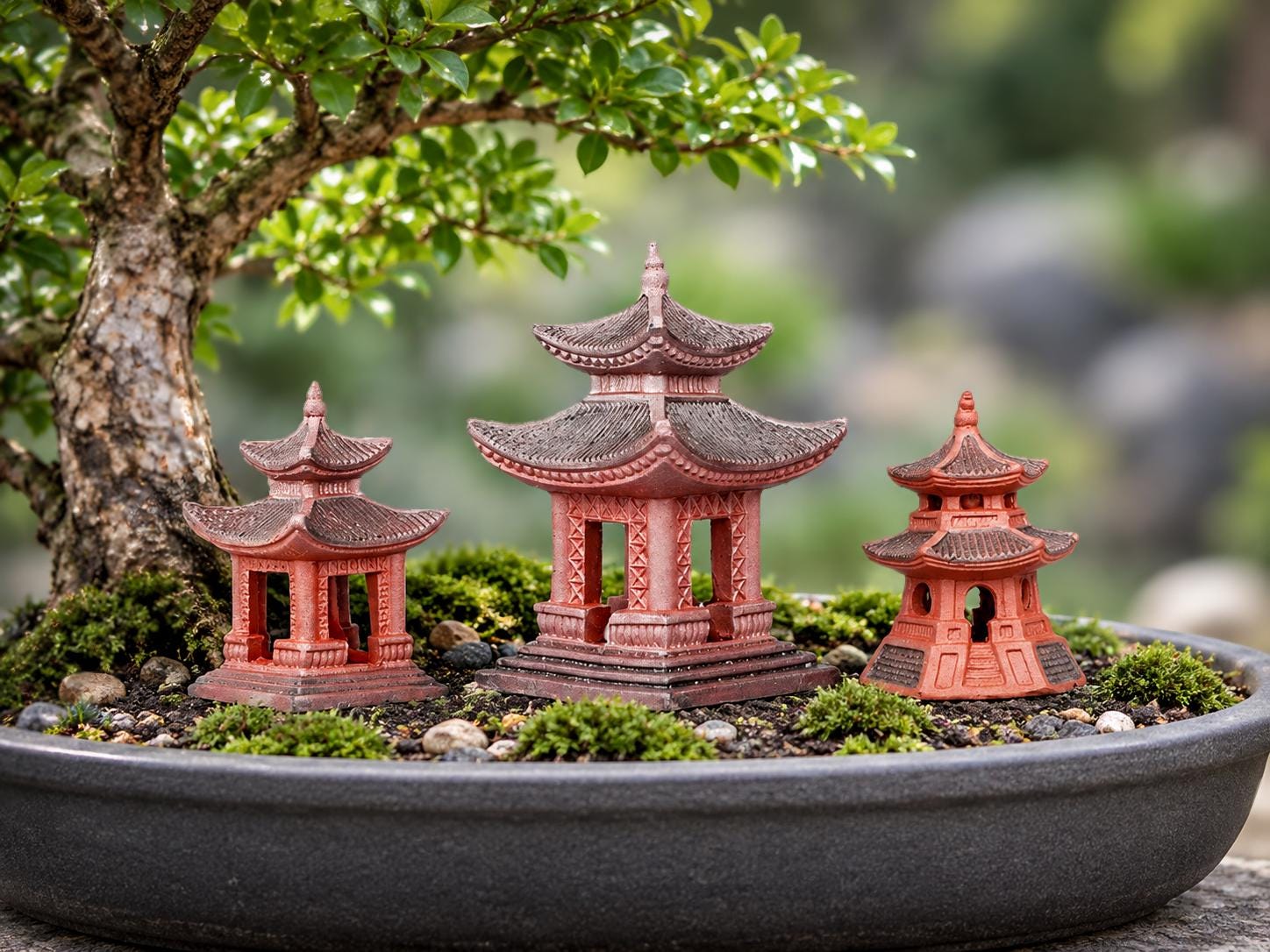 gom design masayuki k 置物 Mini Zen Garden Bonsai Figurines, Red Ceramic Japanese Pagoda Set