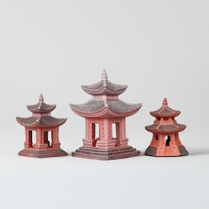 Miniature Red Ceramic Pagoda Set (3 pcs): Zen Garden & Aquarium Decor