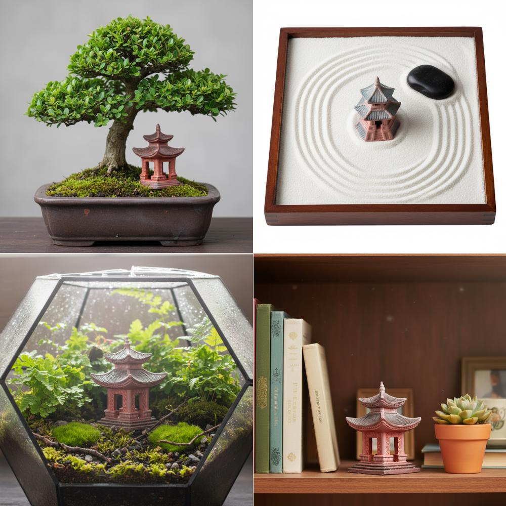 Mini Zen Garden Bonsai Figurines, Red Ceramic Japanese Pagoda Set