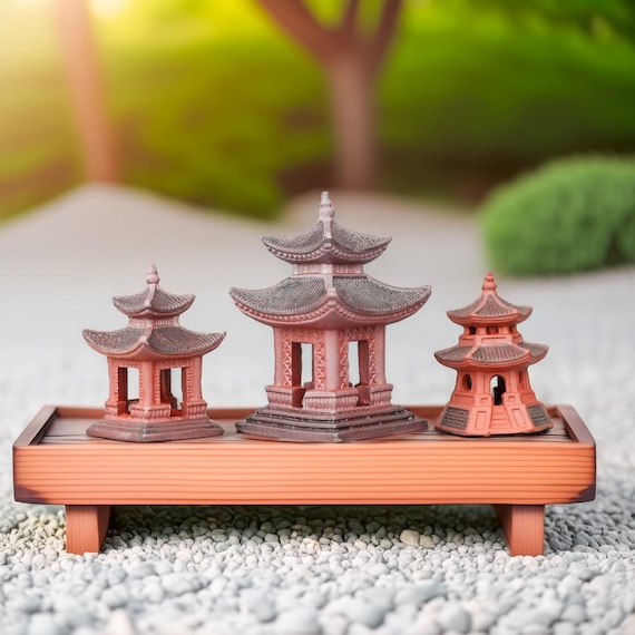 Mini Zen Garden Bonsai Figurines, Red Ceramic Japanese Pagoda Set