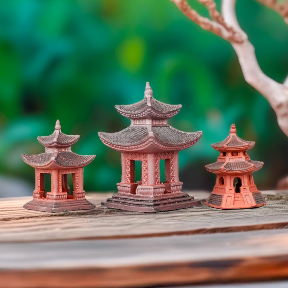 Miniature Japanese Pagoda Set (3 Pcs), Red Ceramic Pagoda for Zen