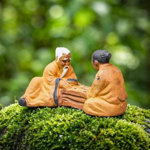 Bonsai Mudmen Figurine, Two Elders Playing Chess, Ceramic Penjing Accent, Small Zen Garden Decor
