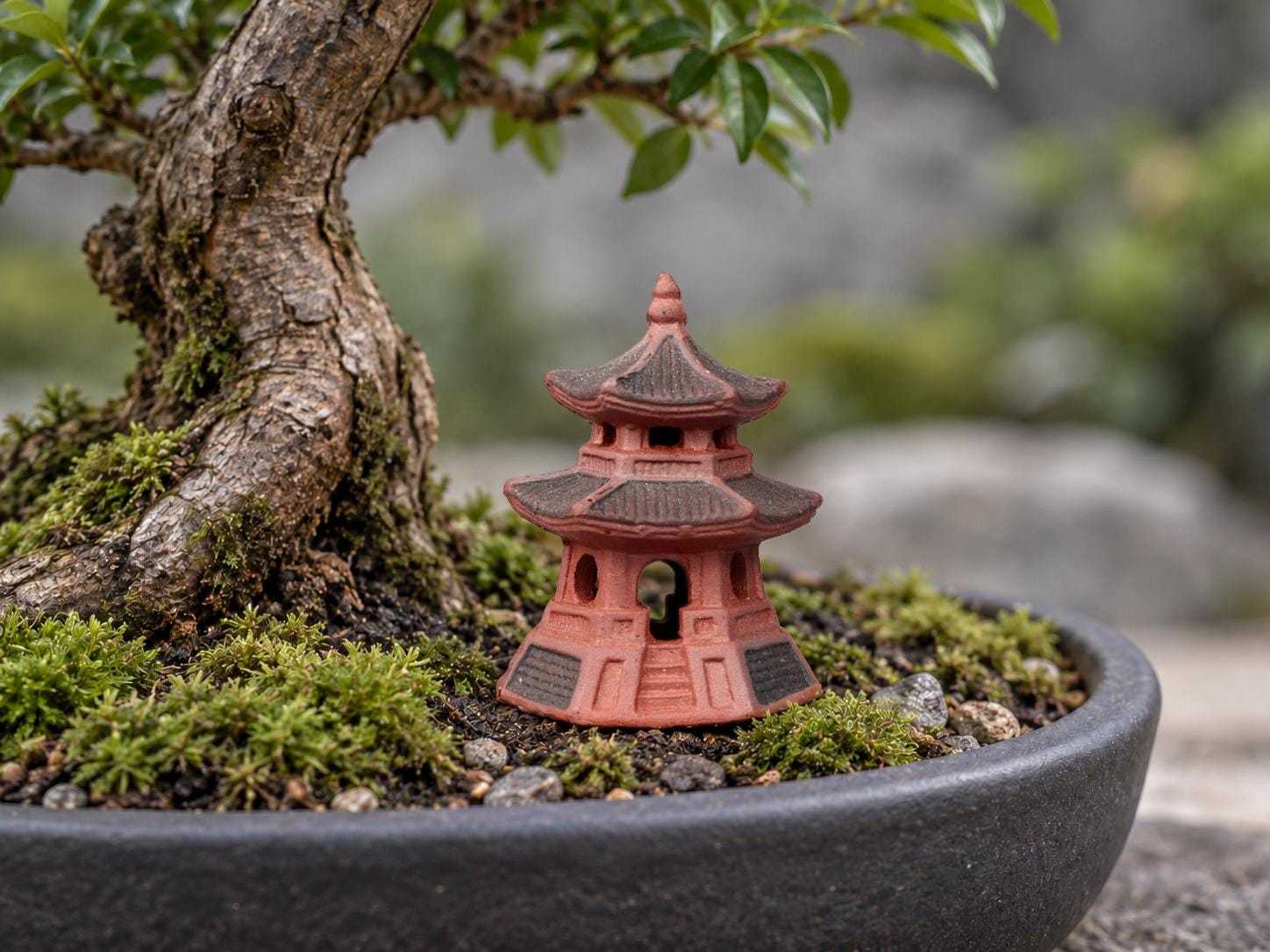 Mini Zen Garden Bonsai Figurines, Red Ceramic Japanese Pagoda Set