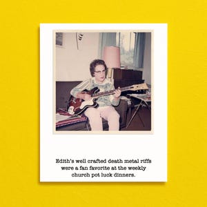 Funny Musician Birthday Card for Guitarist, Rock and Roll Fan, Church Pot Luck, Death Metal Edith Music Lover. Handmade Vintage Style Photo