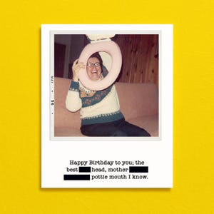 May include: A vintage-style birthday card with a photograph of a person holding a pink toilet seat. The card has the text "Happy Birthday to you; the best head, mother pottie mouth I know."