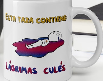 Lágrimas culés, Taza de desayuno hincha del Real Madrid, Taza de café fan de fútbol, Lágrimas Culés, el Clásico, La Liga. Negreira