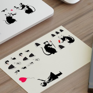 May include: A set of black and white stickers featuring a rat holding a flower, a rat with a red heart, a rat with a red heart balloon, and a rat with a red heart and a red heart balloon. The stickers are on a white background.