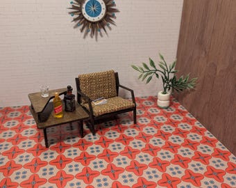 Orange and Blue Atomic Pattern Tile - Dollhouse & Diorama Accessory Flooring, Counter Top, Tile, Wallpaper