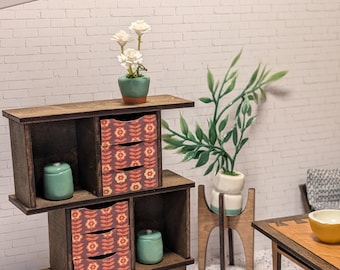 MCM Miniature Bookcase | Dollhouse Furniture with Floral Drawers (Multiple Scales)