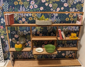 Estantería independiente de mediados de siglo (MCM) - Miniatura (varias escalas); Caja de habitación; Decoración para casa de muñecas