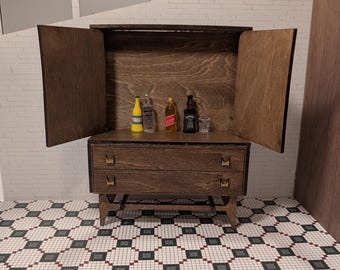 Mid Century Modern Bar Hutch – Walnut Finish Dollhouse Furniture (Multiple Scales)