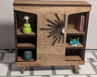 Miniature Walnut Dollhouse Cabinet – Mid-Century Starburst Bar, 1:12 Scale