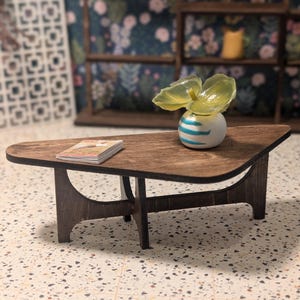Mid Century Modern Boomerang Coffee Table Miniature, 1:12 Scale Dollhouse Furniture, Handmade Retro Mini Decor, room box table