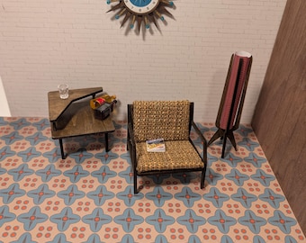 Light Blue Orange Atomic Pattern Tile – Dollhouse Flooring, Wallpaper Sheet