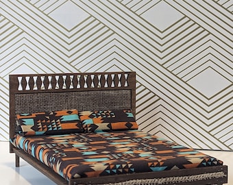 Mid Century Modern Platform Bed Miniature - Rattan headboard and Aztec comforter