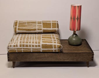 Miniature Mid-Century Sofa with Side Table - Dollhouse Decor (Multiple Scales)