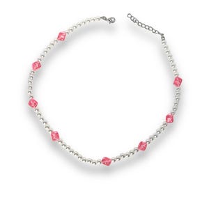 Pearl Necklace with Pink Dice Charms Adjustable Trendy Fashion Jewelry Unique Gift for Him