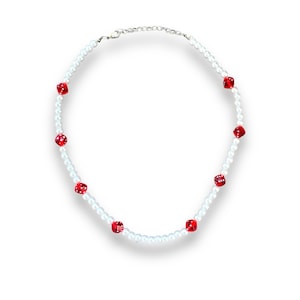Pearl Necklace with Red Dice Charms Adjustable Trendy Fashion Jewelry Unique Gift for Him