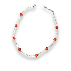 Pearl Necklace with Orange Dice Charms  Adjustable Trendy Fashion Jewelry Unique Gift for Him
